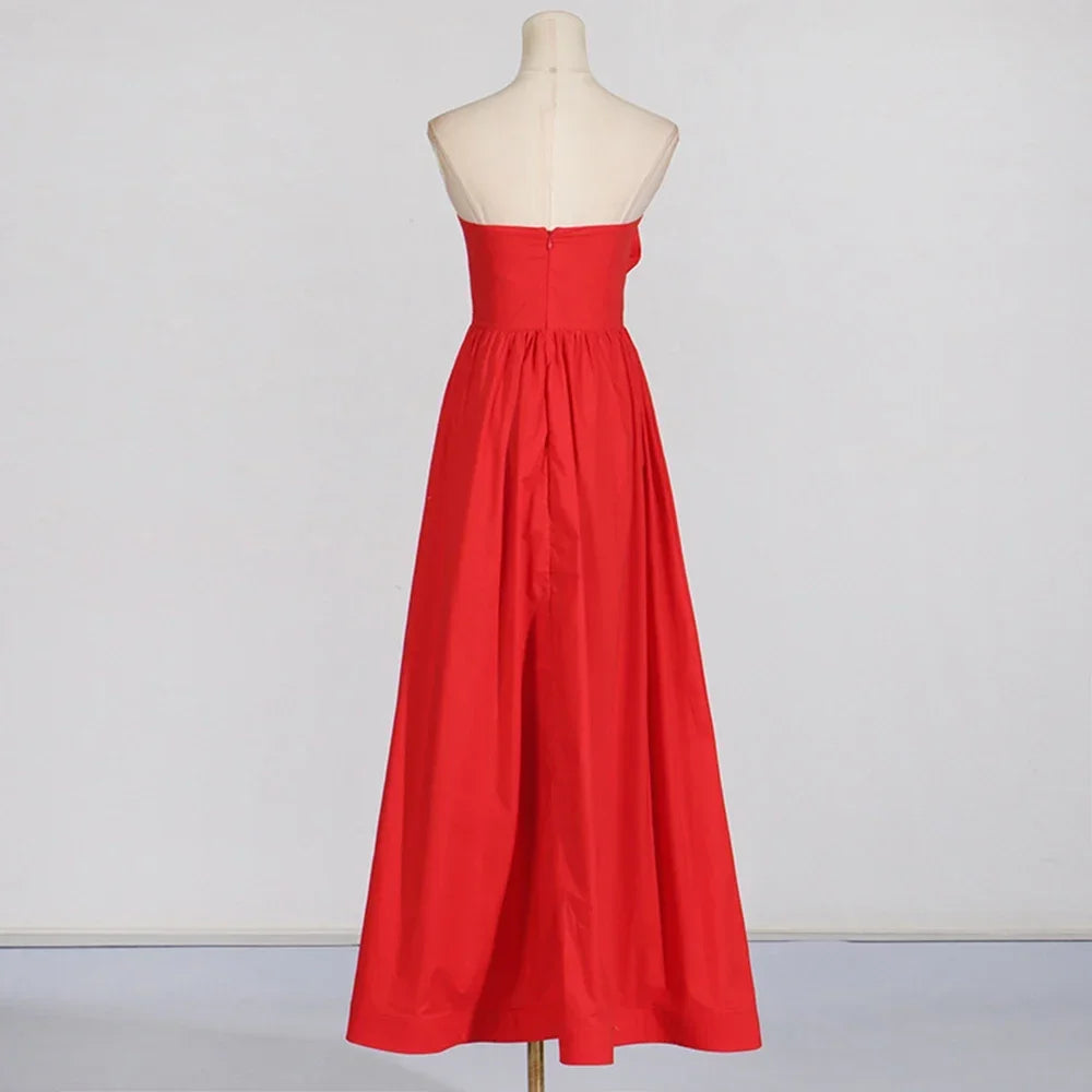 2024 New Women's Red Luxury Strapless 3D Rose Long Wedding Bridesmaid Dress Elegant Celebrity Evening Party Dress