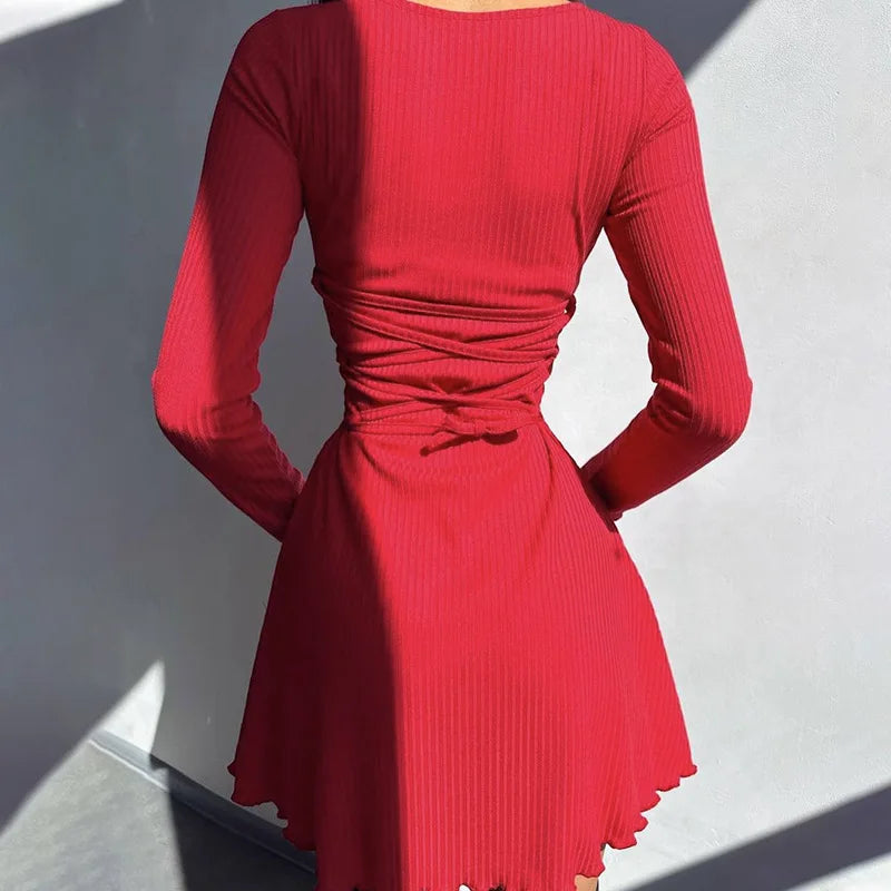 Vestido mini de punto criptográfico sólido para mujer, trajes elegantes de otoño, manga larga, vendaje, línea A, vestido con escote pronunciado, ropa