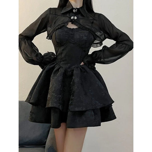 Robe Lolita Sexy Noire Femmes Gothique Vintage Mini Robes Harajuku Halloween Cosplay Costumes Manches Longues Robe De Fée Femme