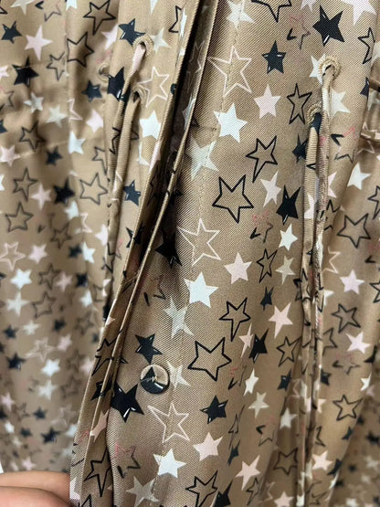 Vintage Star Print Women Long Sleeve Shirt Dress Early Autumn 2024 Turn-Down Collar Covered Buttons Lady Waist Drawstring Robe