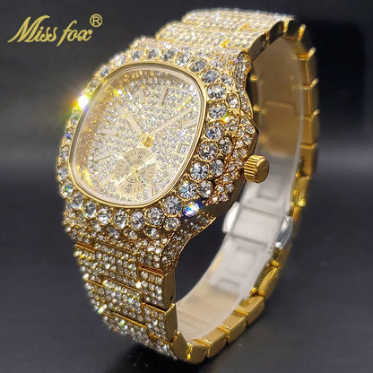 Montre en or pour hommes, montres à quartz élégantes avec diamants glacés, style hip-hop, pour hommes, double cadran, montres-bracelets robustes et étanches, été