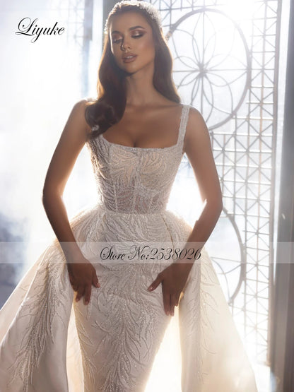 Liyuke Superbe robe de mariée sirène 2 en 1 à col carré, robe de mariée de luxe à bretelles spaghetti en dentelle brodée de perles