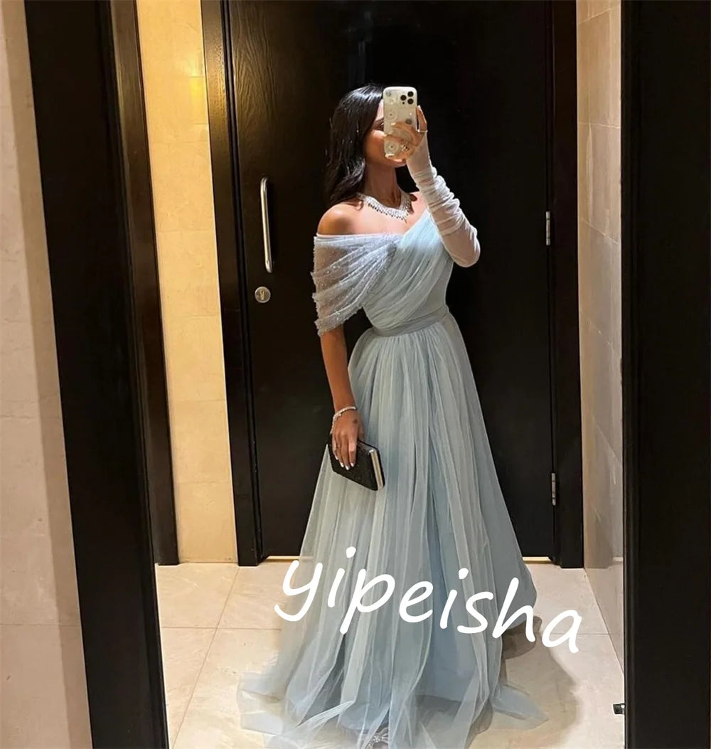 Jersey Pleat Evening A-line Off-the-shoulder Bespoke Occasion Gown Long Dresses