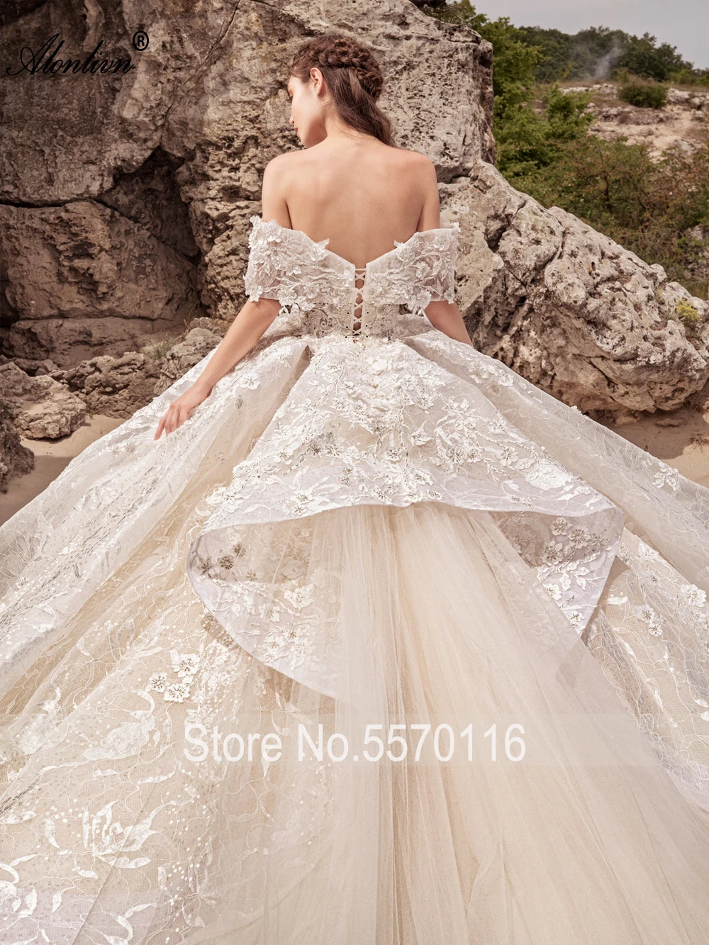 Alonlivn Charmante Robe De Mariée En Tulle Et Dentelle À Épaules Dénudées Robe De Bal Bouffante Novias Perles Perles Appliques Dentelle Robes De Mariée