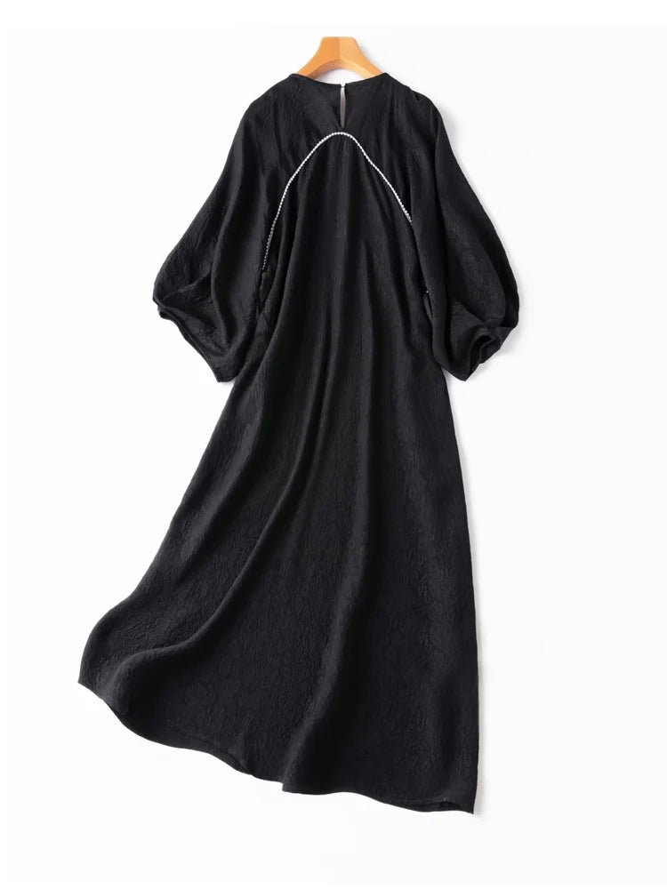 SuyaDream Longue Robe Noire pour Femme 100% Soie Véritable Col Rond Manches Lanterne Robes Élégantes Perles Vêtements Printemps Été 2023