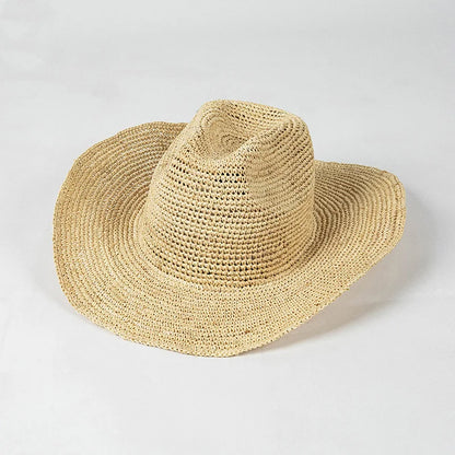 New Summer Designer Style Handmade Hooked Raffia Straw Hat Panama Jazz Hats Women High Quality Sun Hat Upright Edge Cowboy Hat