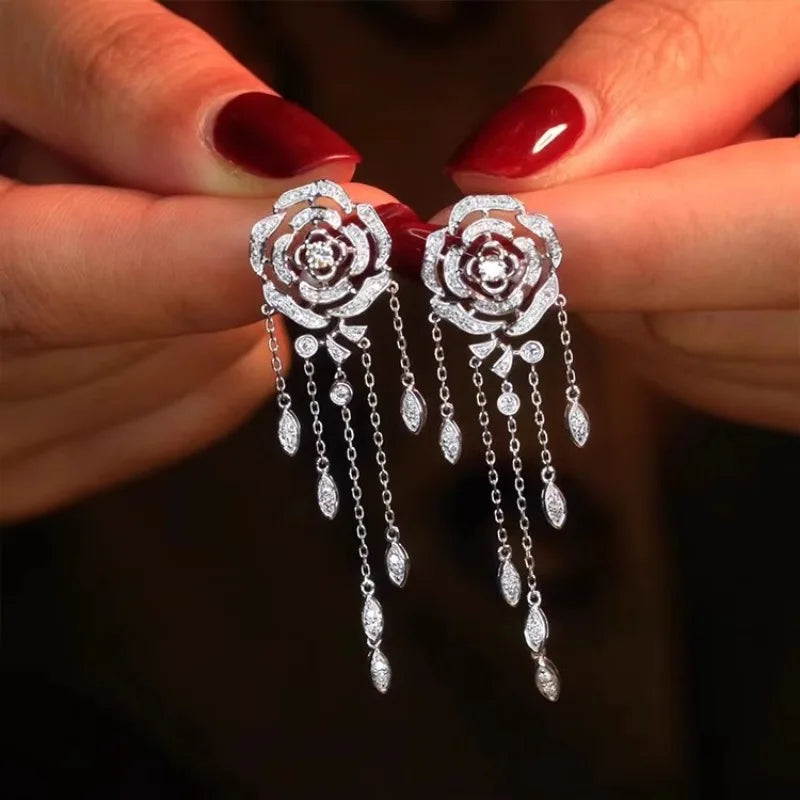 Newly Designed Hollow Rose Flower Tassels Necklace Earring Elegant Women's Silver Color Jewelry Accessories Valentine's Day Gift