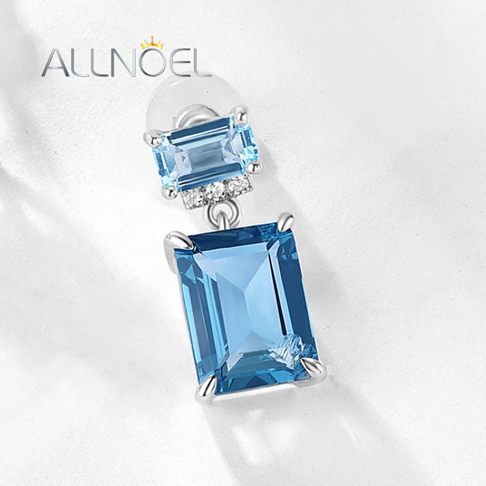 ALLNOEL Solid 9K/14K/18K White Gold Earrings For Women Natural 6*8mm London Blue Topaz Temperament K Gold Jewelry bijoux Gifts