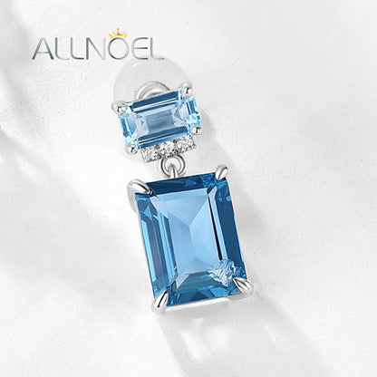 ALLNOEL Solid 9K/14K/18K White Gold Earrings For Women Natural 6*8mm London Blue Topaz Temperament K Gold Jewelry bijoux Gifts