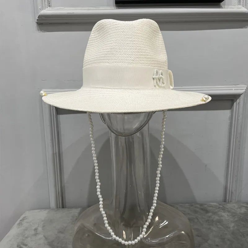 Chapeau Fedora à chaîne orné de perles, nouvelle collection été 2024, chapeau de paille pour femme