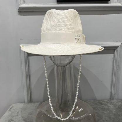 Sombrero Fedora con correa de cadena y adornos de perlas, novedad de verano de 2024, sombrero de paja para mujer