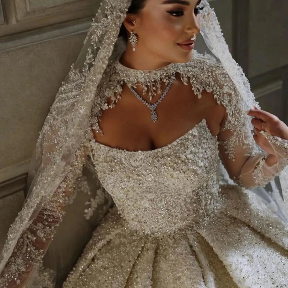 Vestido de novia modesto de cuello alto con lentejuelas brillantes y cuentas, vestido de novia de lujo con perlas, vestido de novia largo