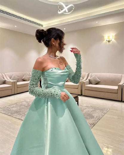 Vestido de noche, vestido de fiesta, escote corazón, largo hasta el suelo, fruncido, con cuentas, drapeado, a medida, para ocasiones especiales, Arabia Saudita, formal