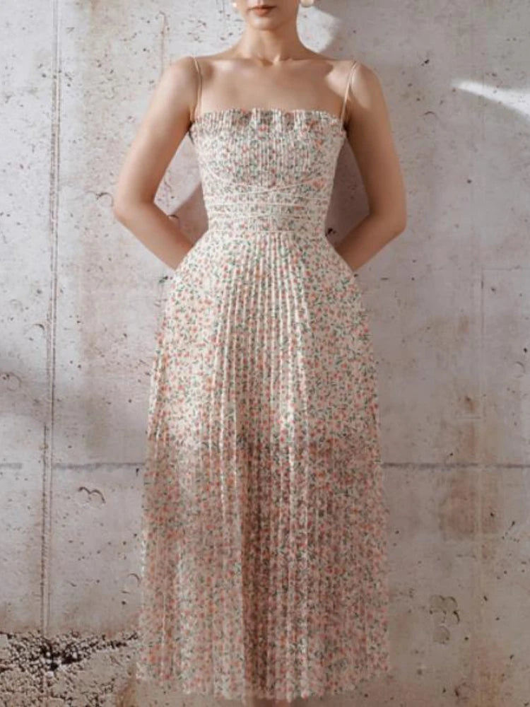 Vestidos de mujer para invitadas de boda, estilo francés, vestido plisado vintage floral de verano, vestido plisado de cintura alta con tirantes finos para mujer