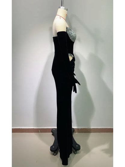 Women Celebrity Sexy Off Shoulder Velvet Sequins Maxi Long Dress 2024 Elegant Party Evening Stage Performance Outfit Vestido