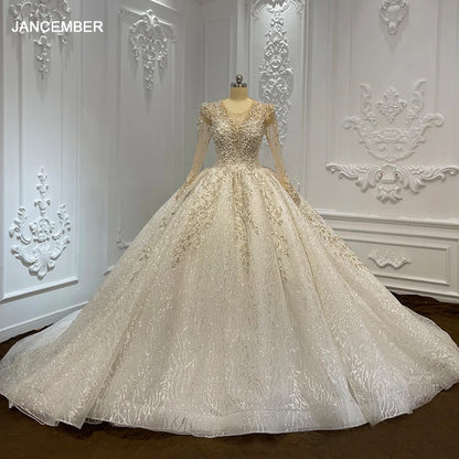 Robe de mariée de première qualité Jancember 2024 en organza à manches longues et perles à lacets et plis dos nu LSCJ04