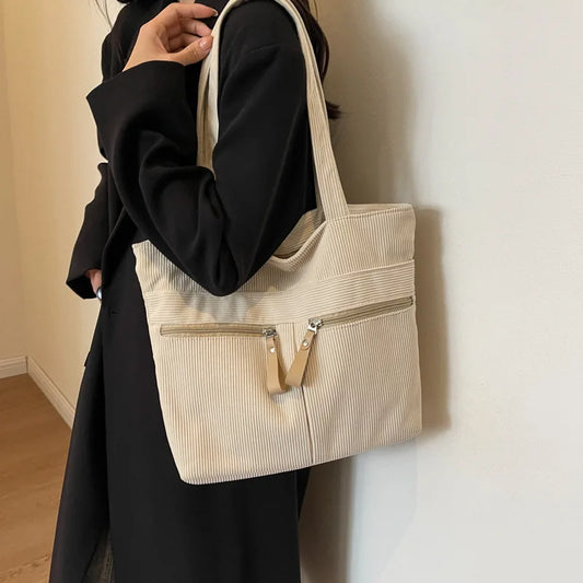 Sac fourre-tout en velours côtelé tendance, sac à bandoulière de couleur unie, sac à main décontracté pour femme pour les déplacements au travail