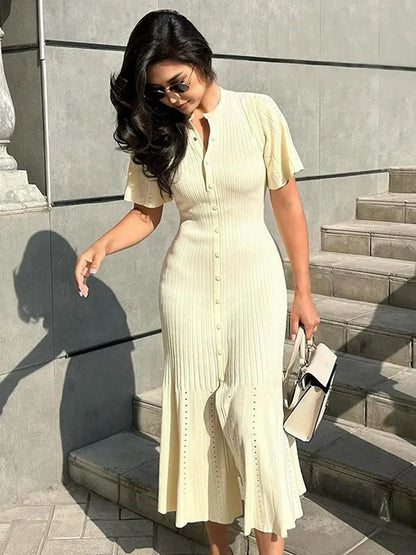 Women Elegant Solid Pleated Hem Patchwork Long Dress Chic Round Neck Short Sleeves Single Breasted Robe Summer Lady Commute Wear