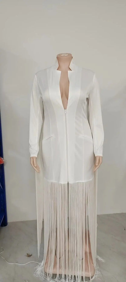 Vestido de fiesta largo con borlas y empalme extra largo para mujer, blanco, escote en V, manga larga, botones de perlas, ajustado, blazer, vestido de noche, ropa