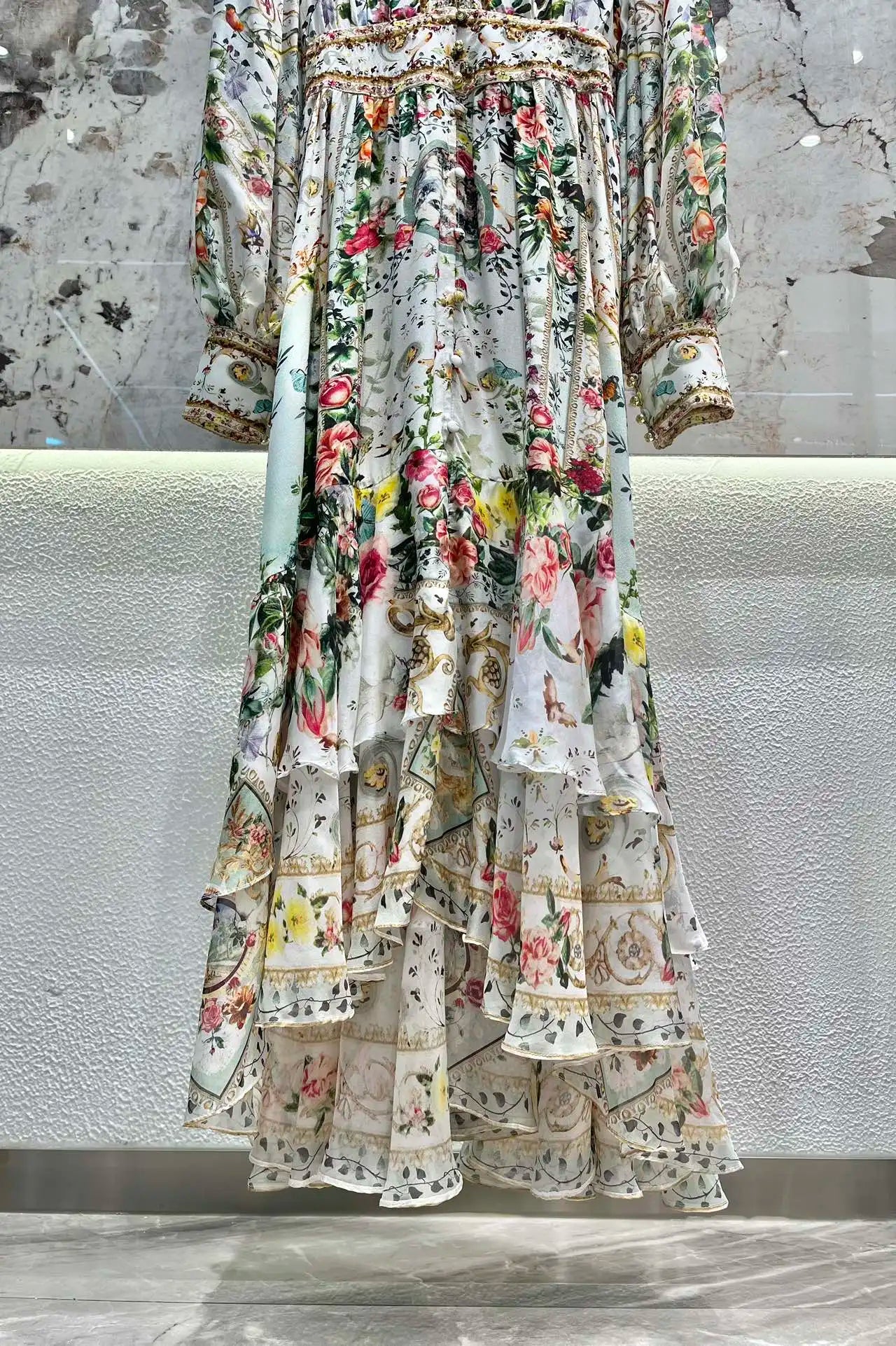 Vestido largo de fiesta para mujer, con escote en V profundo, botones delanteros con cuentas y estampado de flores, manga larga, 100 % seda