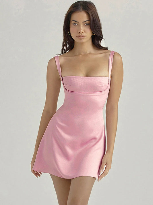 Vestido de cumpleaños para mujer, vestido de corte A, sexy, informal, de satén, para fiesta, minivestido rosa con tirantes finos, vestido de graduación elástico