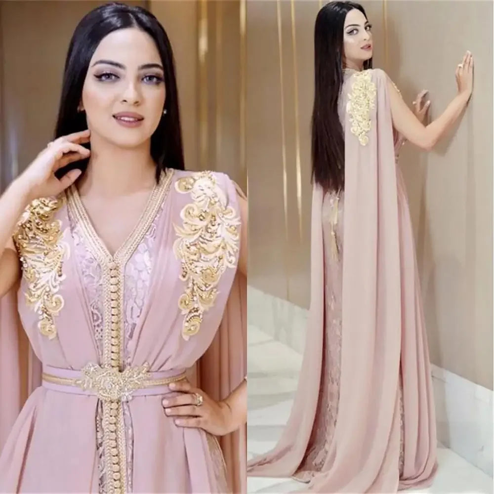 2024Luxury Beaded Long Muslim Celebrity Prom Dresses Dubai Moroccan Kaftan Chiffon V Neck Sleeveless Formal Occasion Dresses