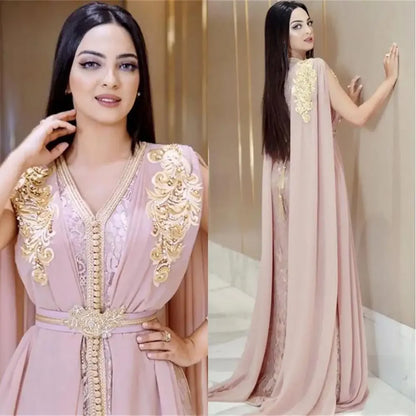 2024 Vestidos de fiesta de celebridades musulmanas largos con cuentas de lujo Dubai Kaftan marroquí de gasa con cuello en V sin mangas vestidos de ocasión formal