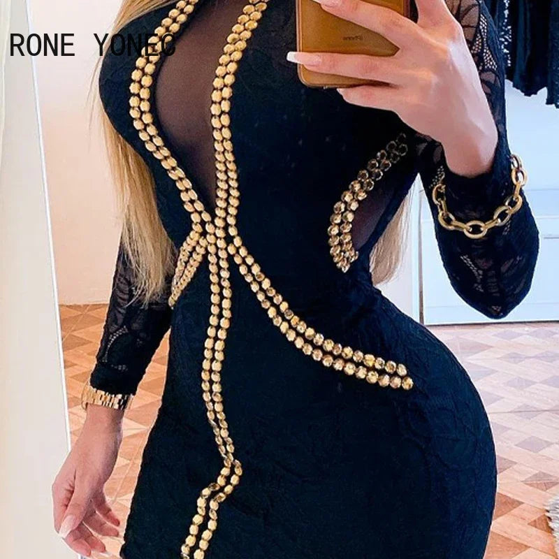 Women Sexy Patchwork Rhinestone Long Lace Sleeves Mesh Bodycon Mini Sexy Party Dresses