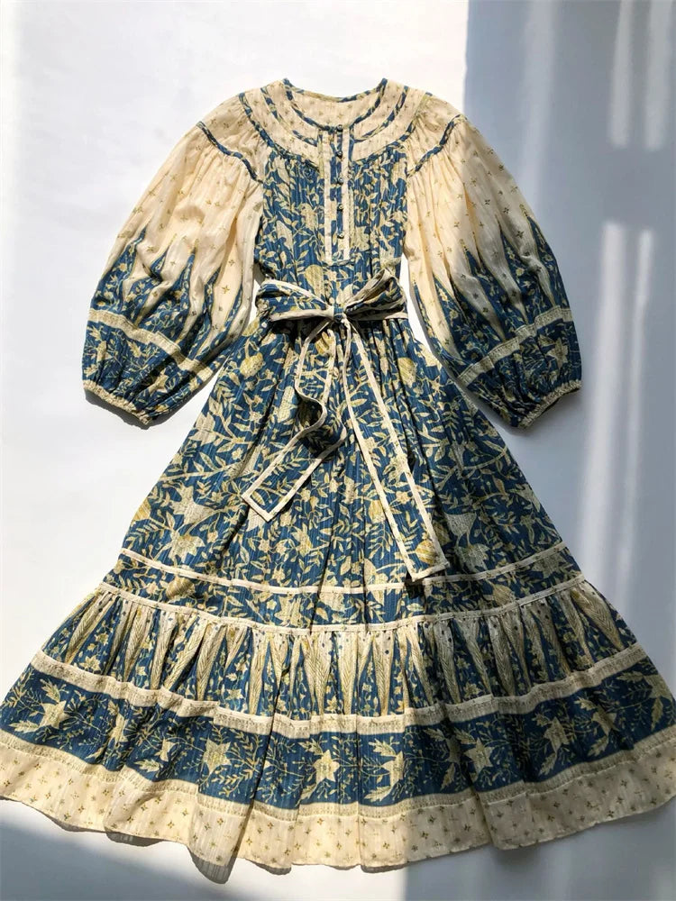 Robe à lacets à manches longues et col rond pour femme, longue robe colorée à imprimé floral, nouveauté pour les vacances, printemps 2024