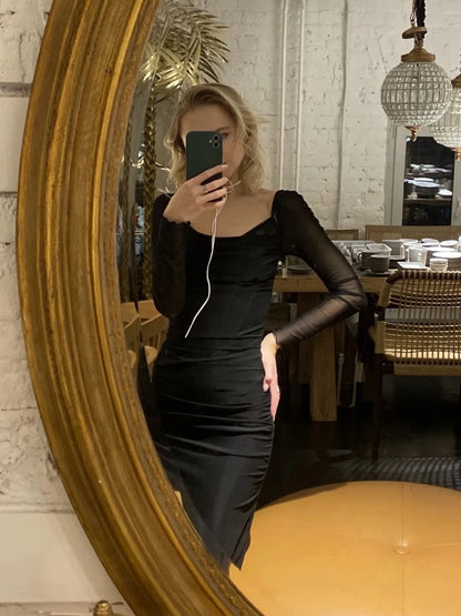 2023 Spring and Summer New Women's Long Sleeve Corset Dress Mesh Slim Fit Dress Sexy Black Maxi Birthday Party Dresses Elegant