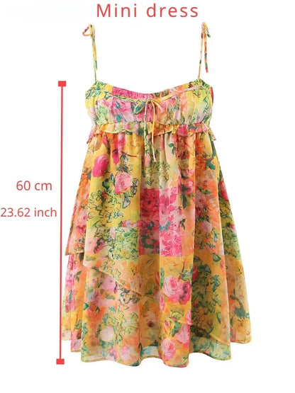 Oligai 2023 Spring Summer Women Chiffon Dress Sexy Sweet Spaghetti Strap Short Dress Causal Floral Print Holiday Party Dresses