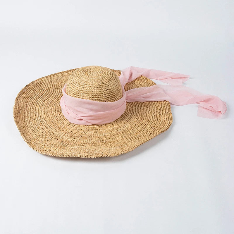 2023 Nuevo sombrero de paja de rafia hecho a mano informal de verano con cinta, sombreros de ala grande para mujer, sombrero de playa de verano, sombrero de lujo para desfile