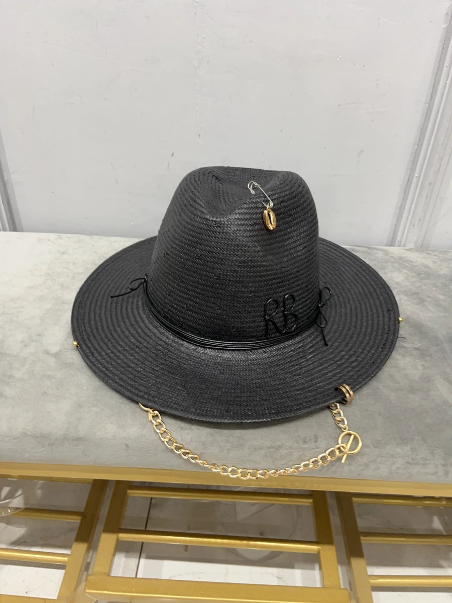 2023 été nouvelle arrivée RB chapeau de paille noir chaîne sangle chapeau fedora pour femmes parasol chapeau de plage dames