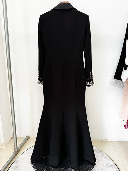 HIGH STREET Newest 2024 Designer Fashion Women's Long Sleeve Notched Collar Rhinestone Diamonds Beading Maxi Long Dress