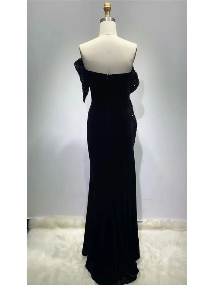 Vestido largo ajustado de terciopelo negro con hombros descubiertos y purpurina para mujer, vestido elegante de fiesta, noche y boda, para invierno, 2022