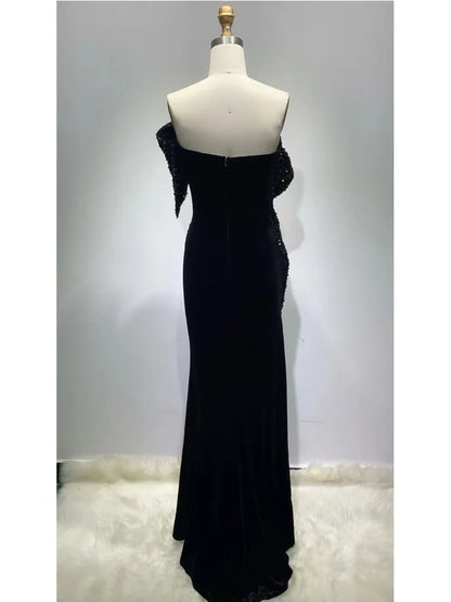 Robe longue moulante sexy à épaules dénudées et paillettes en velours noir pour femme, tenue de soirée élégante, nouvelle collection hiver 2022