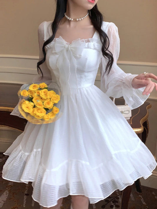 HOUZHOU Vestido Kawaii Blanco para Mujer, Estilo Lolita de Gasa, Mini Vestidos de Manga Larga, Túnica de Hada con Lazo, Volantes, Patchwork, Cuello Cuadrado