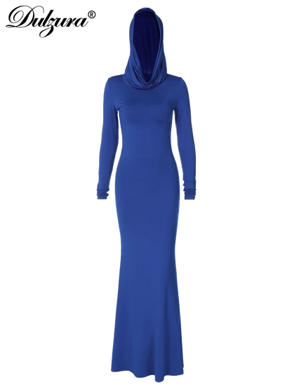 Dulzura Solide Couleur Pure À Capuche Manches Longues Maxi Robe En Gros Fête D'anniversaire Clubwear 2023 Été Automne Pour Femmes Bodycon