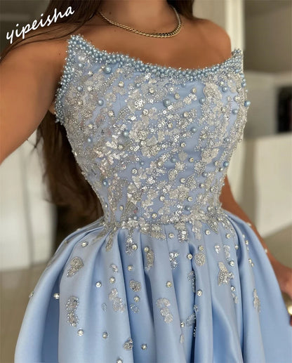 Yipeisha Exquisito vestido de fiesta sin tirantes, vestidos de barrido con cuentas y diamantes de imitación, satén personalizado es