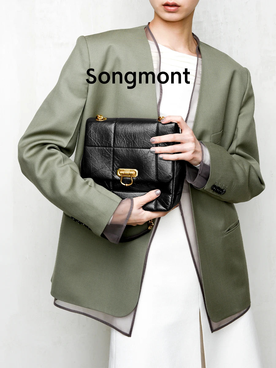 Bolsos Songmont de color chocolate suave mediano para mujer, bolsos de hombro con cadena clásica, capa superior de piel de vaca, estilo cuadrado