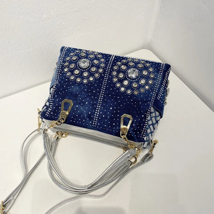 Bolso de mezclilla de moda para mujer, bolso de lona cuadrado con diamantes, bolso tejido, bolso de mensajero de moda, bolso de mano para mujer, bolsos de lujo