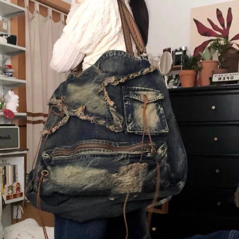 Sac à bandoulière en denim MBTI Y2k pour femme, sac messager vintage délavé et vieilli, grande capacité, style américain