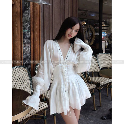 Small pure desire sweet age-reducing V-neck strap design waist slimming long sleeve dress for women