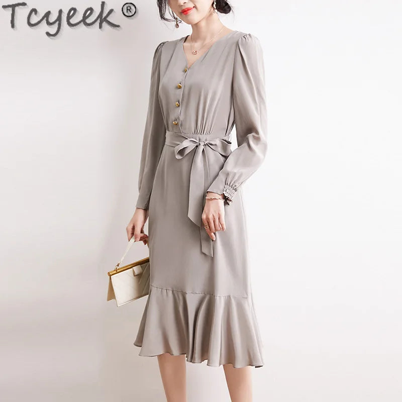 Tcyeek 100% Mulberry Silk Dress Ladies Elegant Women's Dresses 2024 Spring Summer Clothes High-end Long Sleeve Dress Belt Waist