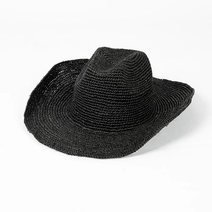 Chapeau de paille en raphia fait à la main de style designer d'été, chapeau de jazz Panama pour femmes, chapeau de soleil de haute qualité, chapeau de cowboy à bord droit