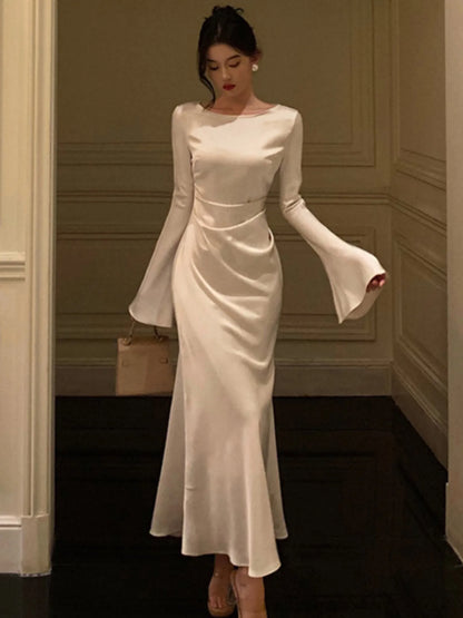 Robe longue de sirène de mariage à manches évasées élégantes pour femmes printemps automne français vintage mince une pièce robe de soirée vêtements Mujers