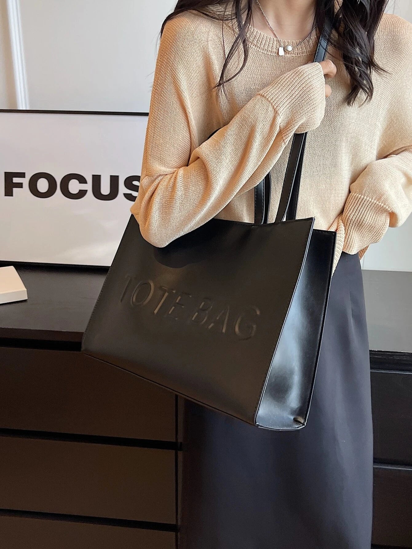 Large Capacity Fashionable Tote Bag With Letter Print Fashion Solid Color Simple Crossbody Bag Women Casual Handbag Shoulder Bag