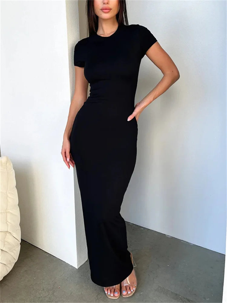 SUNSIREN Elegant Solid Maxi Dress Women Y2K O-Neck Slim White Party Dresses Sexy Bodycon Long Dress Sheath Basic Black Robe