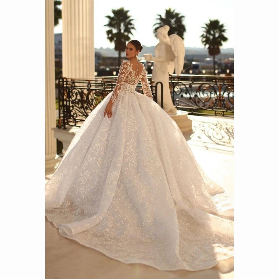 Luxury V-Neck 3D Appliques Full Sleeves Wedding Dress 2023 Ball Gown Floor Length Sweep Train Zipper Custom Made Bridal Gown