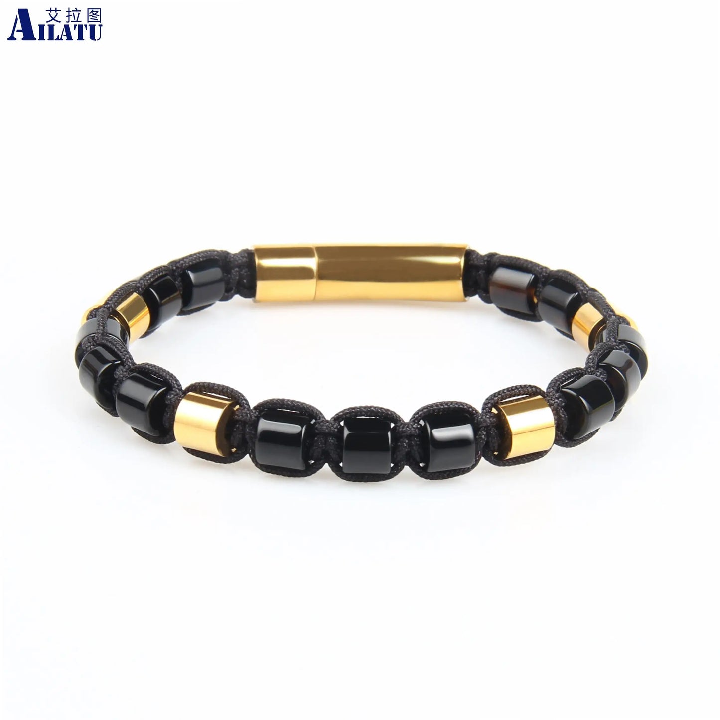 Ailatu 10 piezas/lote nueva pulsera de la amistad, 6 mm, ojo de tigre, piedra lapislázuli, cuentas cilíndricas de ónix negro, joyería de acero inoxidable para hombres